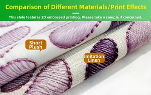 Macro texture comparison of short plush and faux linen fabrics with purple 3D dot prints