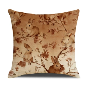 Linen Easter pillow cover with vintage rabbit and floral print for festive sofa decoration