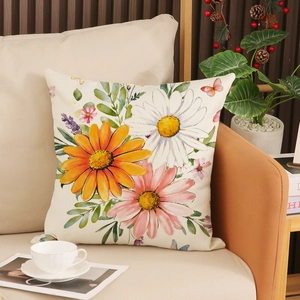 Deko-Kissenbezug aus Leinen mit Gänseblümchen- und Schmetterlingsdruck auf Sofa