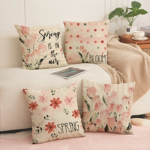 Hand Painted Tulip Floral Throw Pillow Case Linen Look Polyester Square Cushion Cover For Sofa Living Room Decor Spring Is In The Air Bloom