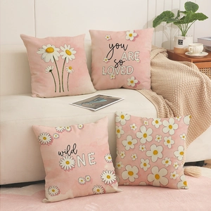 Funda de Almohada Decorativa de Margarita Rosa Aspecto Lino Poliester Funda de Cojín Para Sofá Hogar Sala de Estar Dormitorio