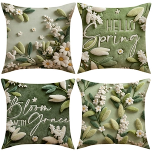 Detail of 2D floral throw pillow covers with green 3D embroidery and floral spring patterns