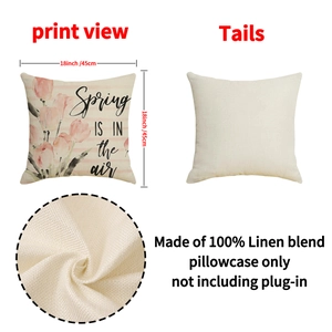 Linen blend tulip throw pillowcase with pink flower print and Spring text 45cm