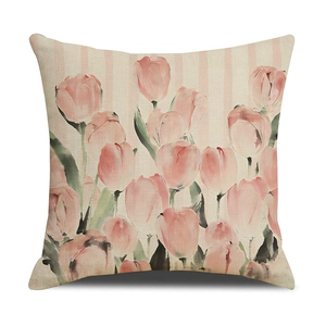 Pink tulip watercolor linen pillow cover with soft vertical stripes for sofa decor