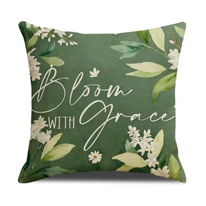Green linen floral pillow cover featuring Bloom WITH Grace typography for home sofa decor