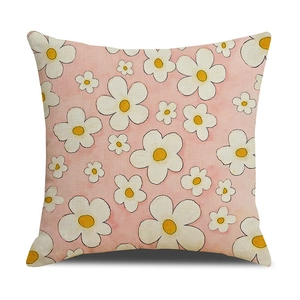 Funda de cojín de lino rosa con estampado floral de margaritas para decoración de sofá