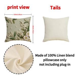 Linen blend throw pillow cover with green 3D floral embroidery and 45cm size specs