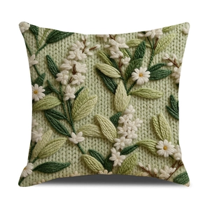 Linen style light green floral embroidered throw pillow case for sofa decor