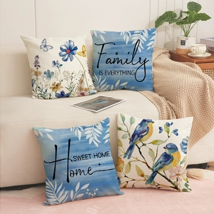 Set of 4 linen throw pillow covers with floral and bird prints and sweet home quotes