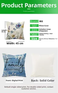 Detail view of 45x45cm linen pillowcase showing printed front and plain reverse side
