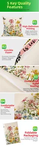 Linen floral pillow cover detail showing invisible zipper and HD botanical print texture