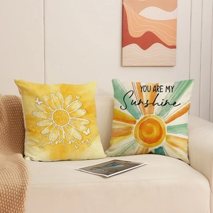 Linen sunflower and sunshine summer throw pillow covers set of two for sofa decor