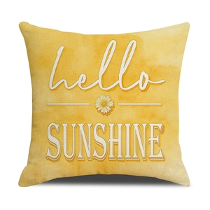 Square yellow linen pillowcase with watercolor sunflower and Hello Sunshine print