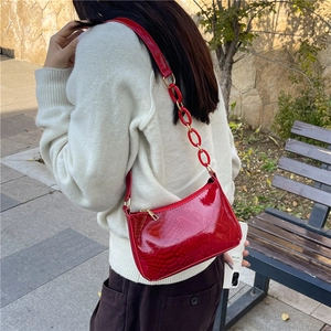 Fashionable red crocodile pattern underarm bag with glossy patent leather and chain strap