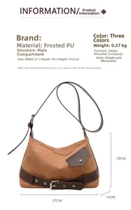 Detailed view of brown matte PU bag with dimensions 27x14x19cm and metal buckle detail