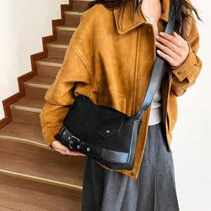 Large capacity black suede shoulder bag with strap buckle and pocket for daily commute