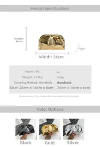 Detailed size parameters and color options for the ruched cloud clutch purse in PU leather