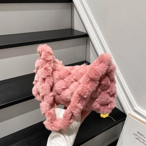 Women Plush Faux Fur Tote Bag Winter Fashion Bubble Texture Shoulder Bag Soft Single Handle Handbag Zipper Closure Casual Purse
