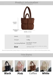 Detailed size chart and specifications for the lightweight puffer space cotton tote bag