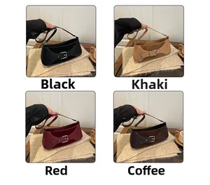 Tote baguette bags in black, khaki, red and coffee with metal buckle detail