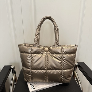Women Metallic Shiny Quilted Tote Bag Large Capacity Puffer Shoulder Bag Urban Casual Office Travel Handbag Lightweight Padded Design