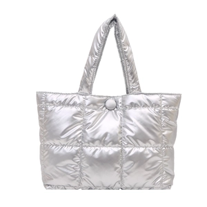 Silver quilted tote bag with metallic finish and spacious square stitching design