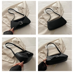 Detail shots of black leather baguette bag showing silver buckle and sleek texture