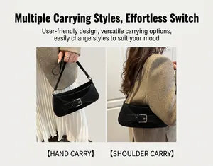 Detail of black matte leather underarm bag with silver square buckle and versatile straps