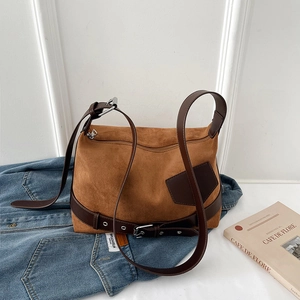 Retro Frosted PU Suede Shoulder Bag Large Capacity Crossbody Bag With Belt Buckle Underarm Bag For Women