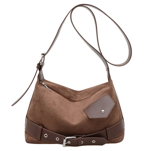 Large coffee brown suede hobo bag with vintage leather buckle and shoulder strap