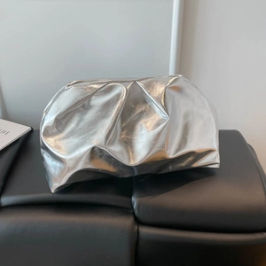 Pleated Cloud Clutch Bag Ruched Metallic PU Leather Dumpling Pouch Evening Party Handbag For Women