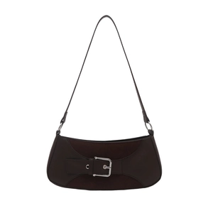Bolso de hombro retro marrón oscuro en cuero liso y ante con una hebilla plateada