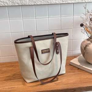Women Large Capacity Tote Bag Vintage Color Contrast PU Fabric Shoulder Bag Fashion Commuter Underarm Bag Travel Handbag