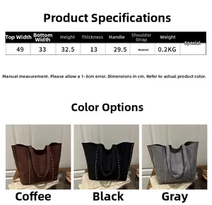 Detailed size chart and dimensions for the large capacity vintage rivet tote bag