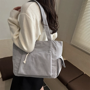 Grand sac cabas en velours côtelé gris clair avec poches zippées, sac d'épaule étudiant