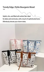 Detail view of graffiti print tote bags in pink, blue, black and brown color variants