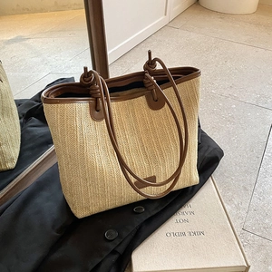 Women Summer Straw Woven Tote Bag With PU Leather Shoulder Strap Casual Large Capacity Beach Vacation Travel Handbag