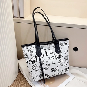 Fashion Women Large Capacity Graffiti Tote Bag Street Trendy PU Leather Shoulder Bag With Cartoon Print Printed Handbag