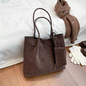 Women Large Capacity Frosted PU Leather Tote Bag Retro Minimalist Shoulder Bag With Small Pouch Casual Daily Commuter Handbag