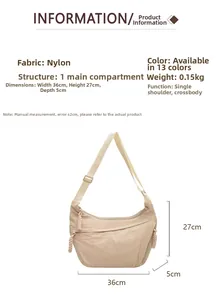Detailed size chart for beige nylon crossbody bag with dimensions 36x27x5cm and lightweight feel