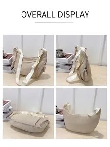 Detailed multi-angle views of beige nylon crescent crossbody bag with woven zipper pull