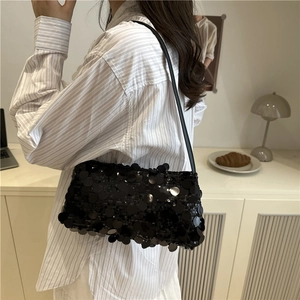Sac à bandoulière tendance à paillettes noires pour femmes au style rétro chic