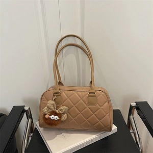 Women Quilted Shoulder Bag Diamond Lattice Boston Handbag With Plush Monster Charm Fashion PU Leather Commute Tote Bag