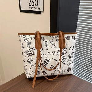 Women Fashion Graffiti Print Tote Bag Large Capacity PU Leather Shoulder Bag With Cartoon Bear Star Pattern Trendy Streetwear Shopping Bag