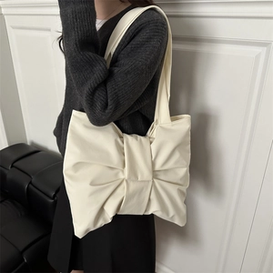 Chic cream bow shoulder bag for women, stylish minimalist large capacity underarm handbag