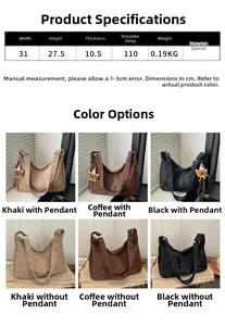 Detailed size chart and multi-color view of minimalist hobo tote with large capacity