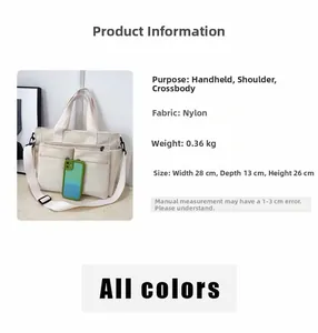 Detail showing nylon tote bag dimensions 28x13x26cm and lightweight 0.36kg material