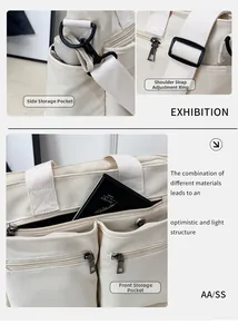 Close-up of canvas tote bag featuring adjustable shoulder straps and front zipper pockets