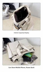 Detail view of multi-pocket canvas tote bag showing spacious interior compartments