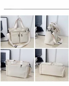Four-angle view of large nylon tote bag with multiple pockets and versatile straps